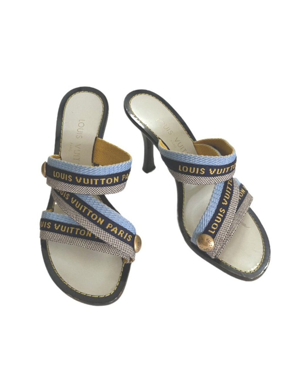 Louis Vuitton Paris Blue Canvas 3.5" Heeled Sandals Metal Logo Size 35/US size 5